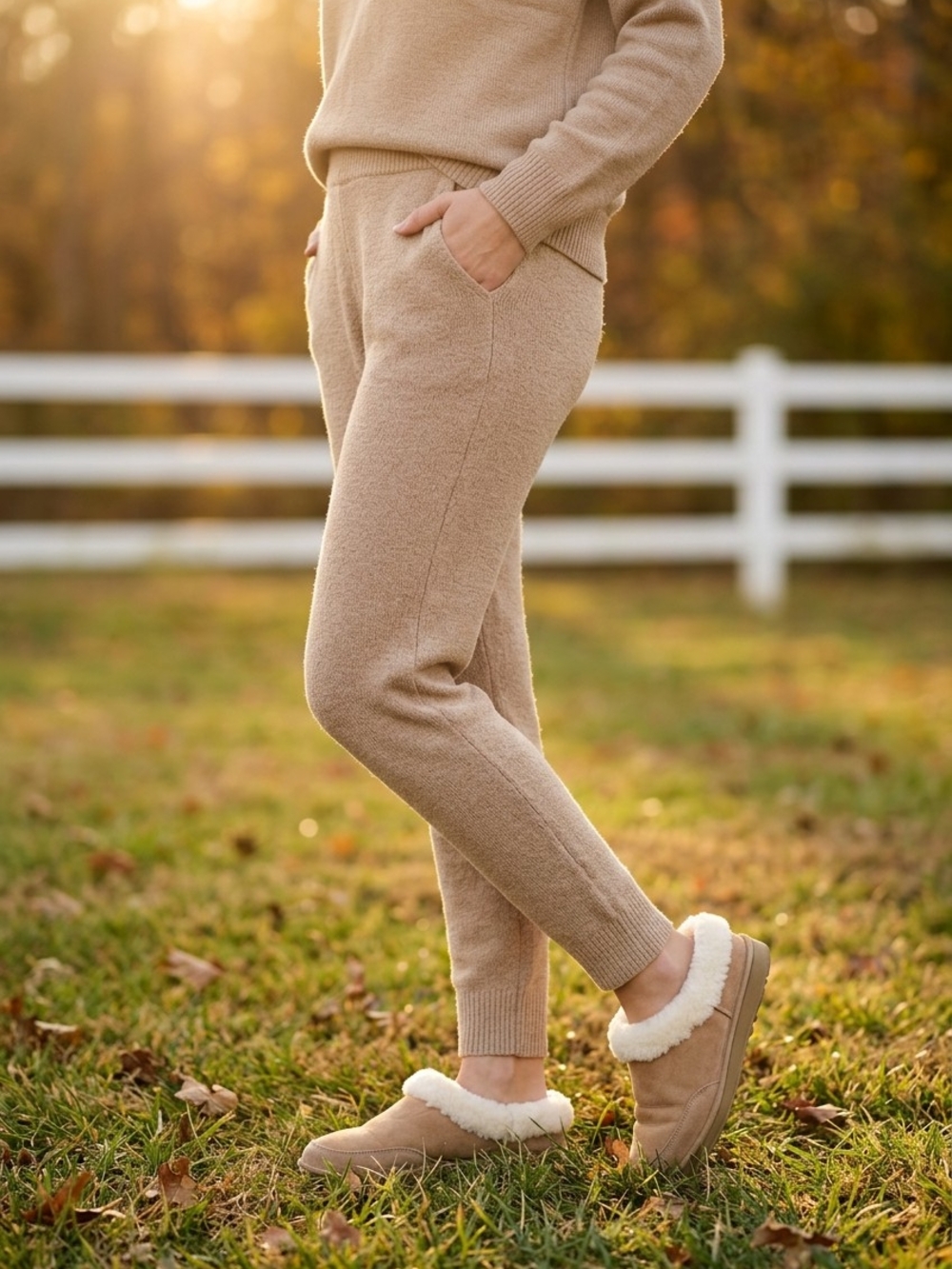 L.L. Bean Cozy Shearling-Trim Slip-On Booties in Tan